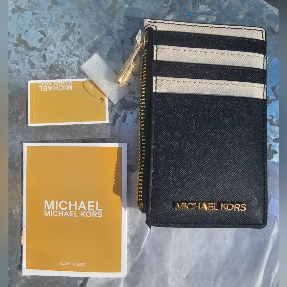NEW Michael Kors Jet Set Travel Card Holder Case 5 Slot Black Multi Cream NWT